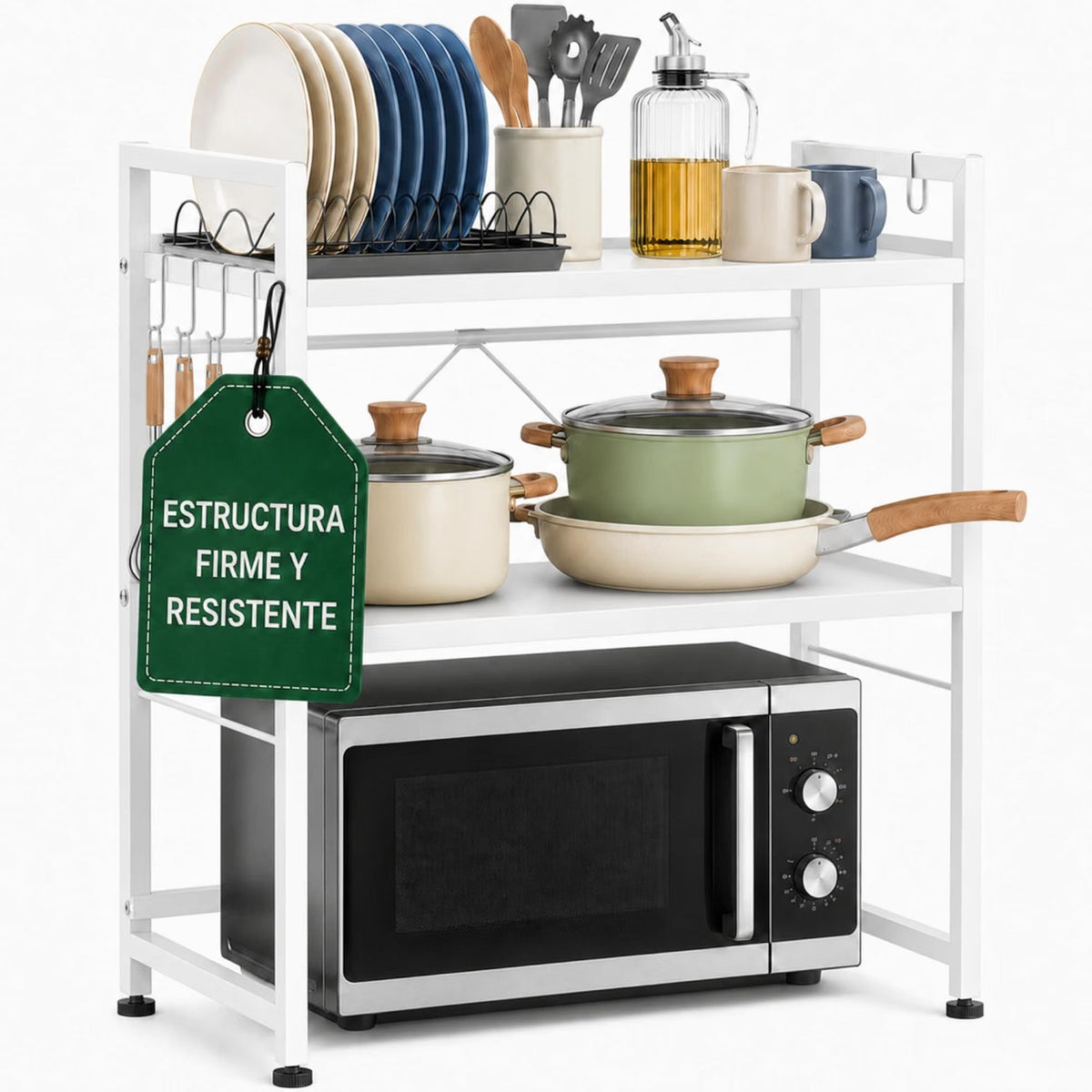 UZIRO Estante Microondas Extensible de 2 Niveles, Ajustable de Acero al Carbono, Capacidad por Niveles hasta 30 kg, Incluye 4 Ganchos, Soporte Microondas Encimera, Estanteria Cocina Encimera