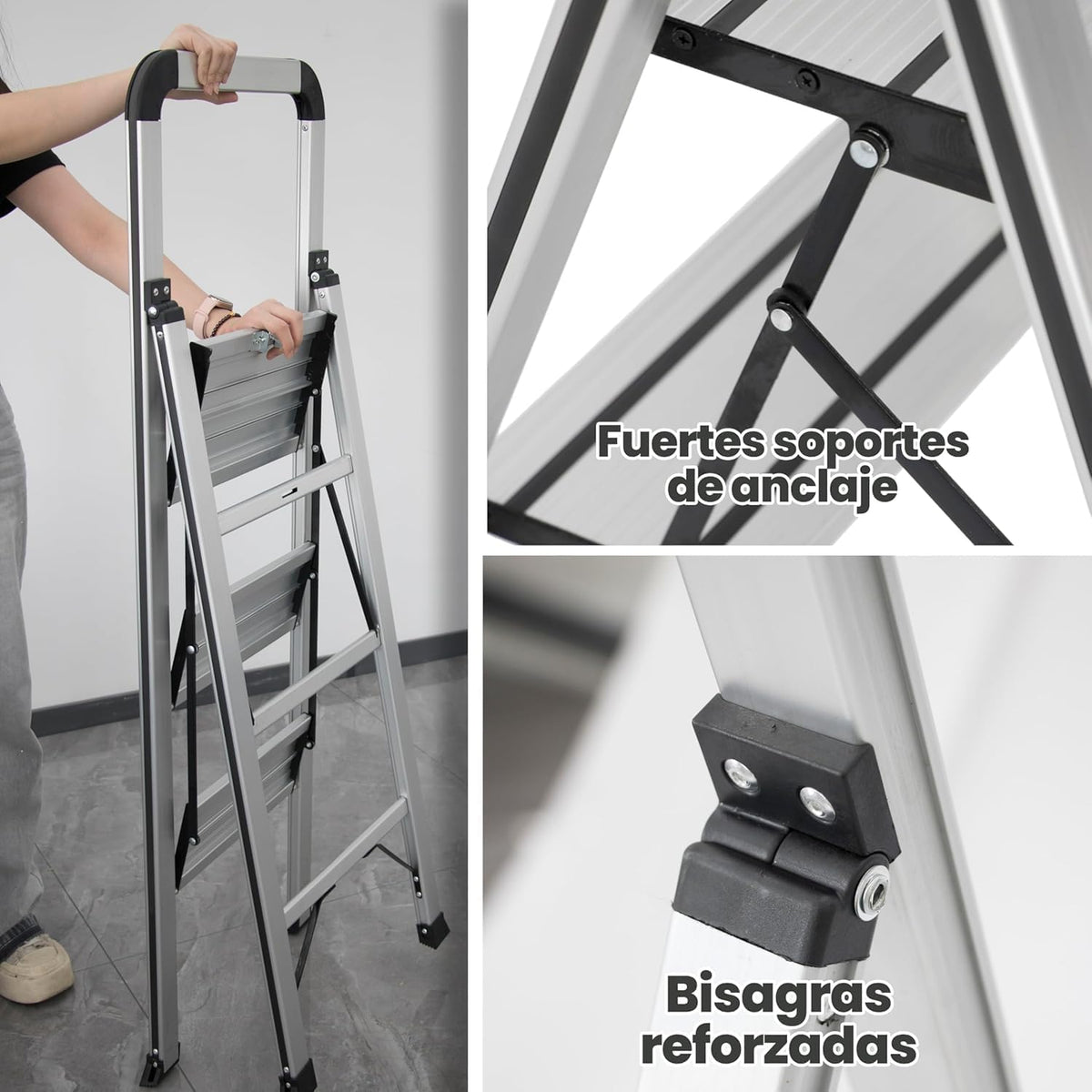 UZIRO Escalera plegable de aluminio 2 peldaños, antideslizante, con mecanismo antiplegado
