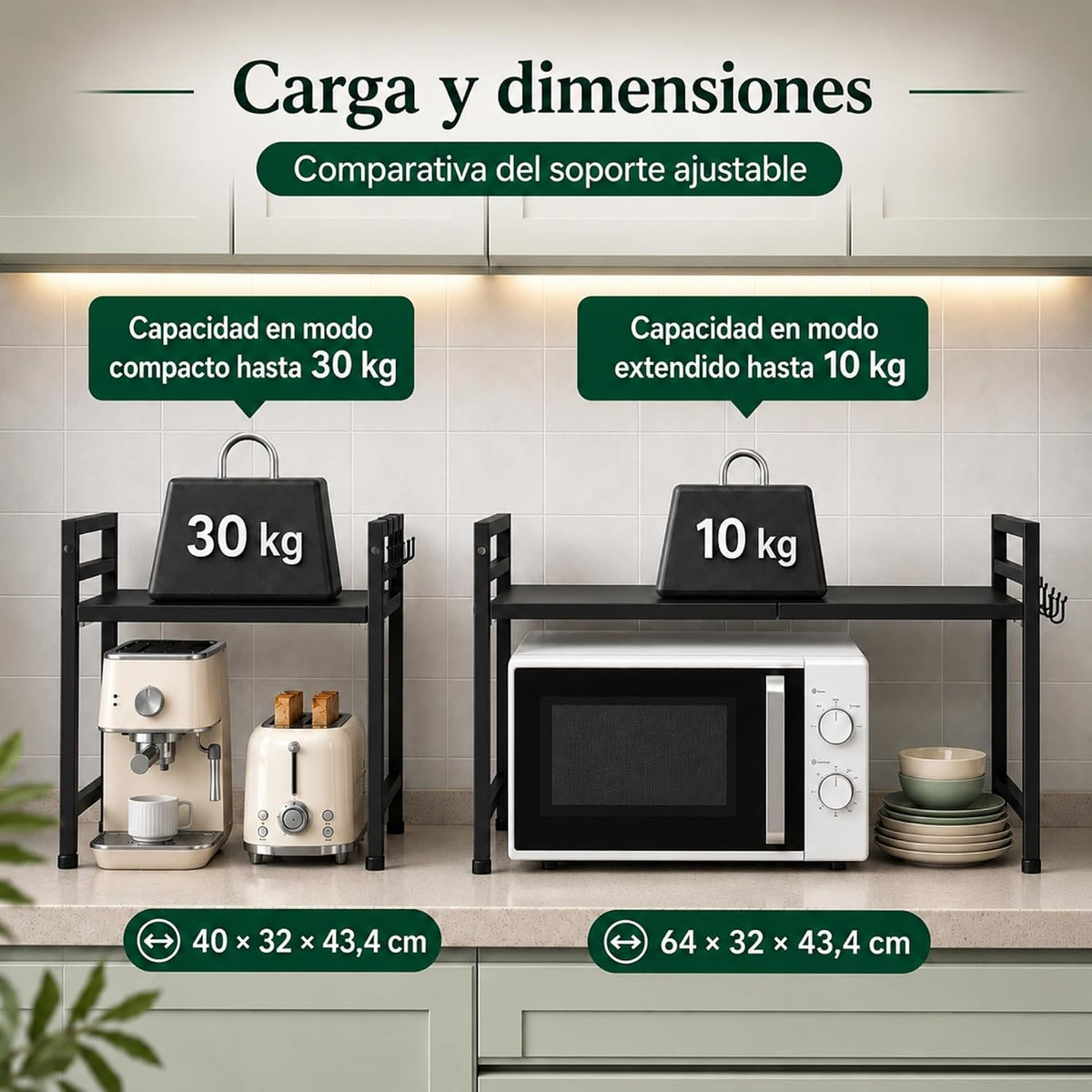 UZIRO Estante para microondas extensible 40–64 cm, acero al carbono y 4 ganchos