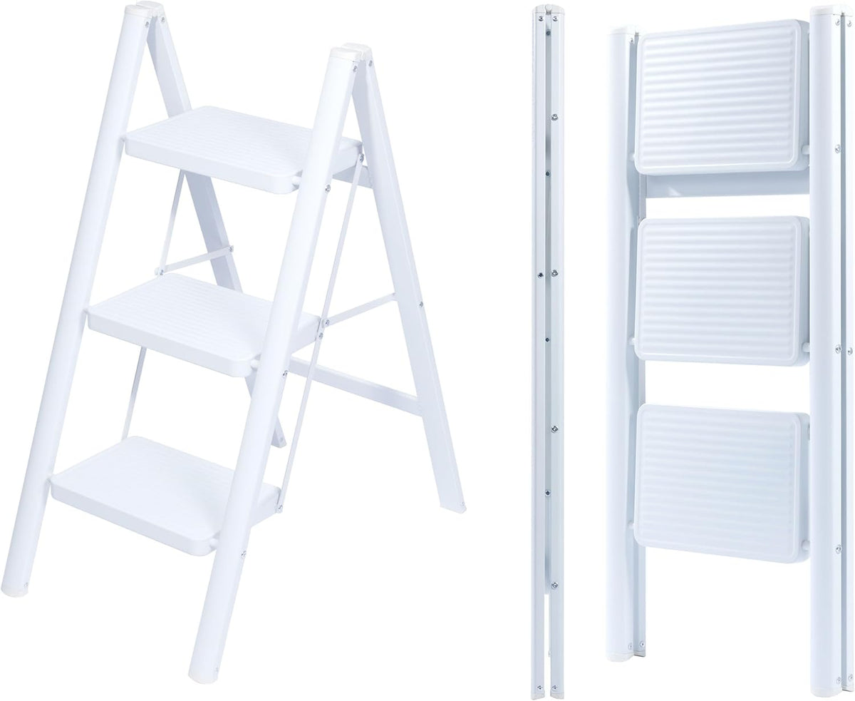 UZIRO Escalera Plegable 3 Peldaños, Escaleras Decorativa, Peldaños Anchos Antideslizantes, Ideal para Uso en Hogar, Cocina y Oficina, Fácil de Guardar y Transportar, Resistente (Blanco, 3 Peldaños)