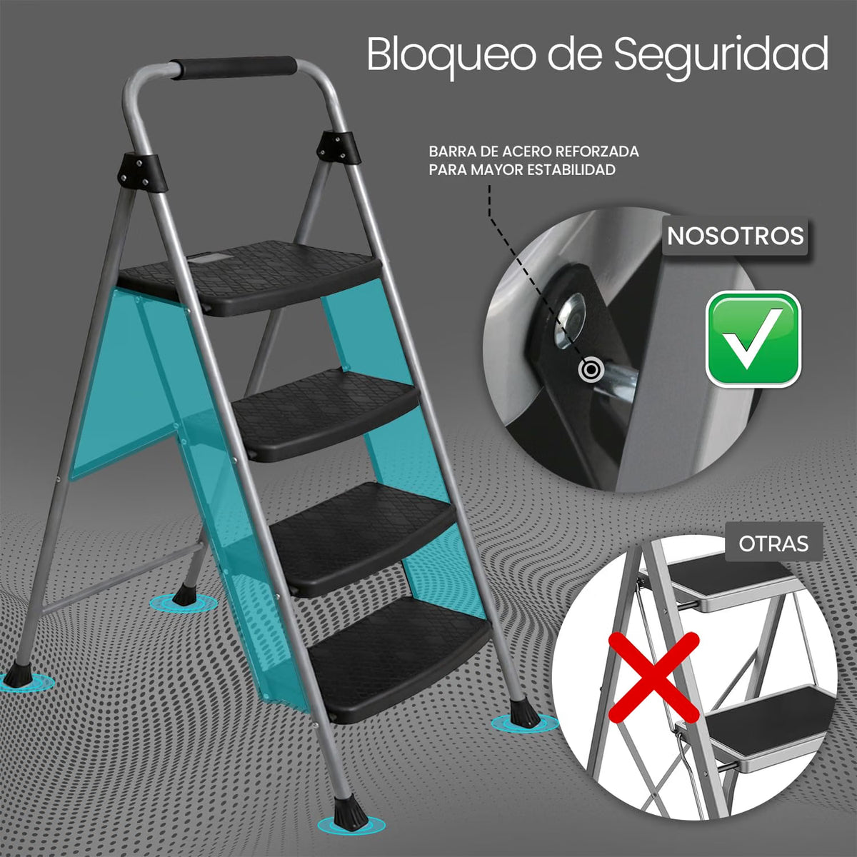 UZIRO Escalera Plegable 4 Peldaños, Estructura de Acero y Aluminio, Antideslizante y Liviana