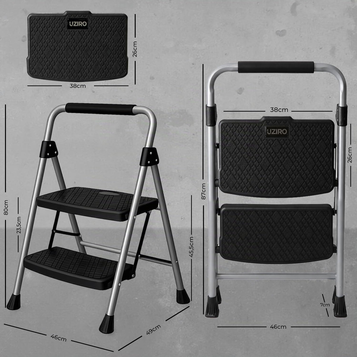 UZIRO Escalera Plegable 2 Peldaños, Estructura de Acero y Aluminio, Color Plateado, Peldaños Antideslizantes, Asa de Goma, para Hogar, Cocina, Oficina y Bricolaje