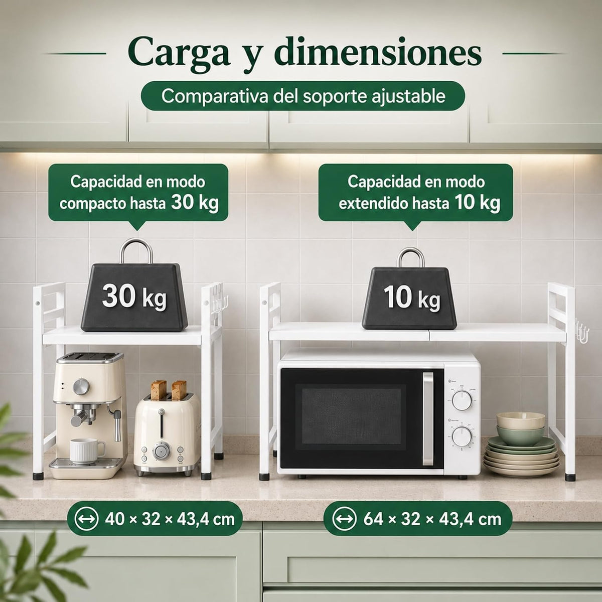 UZIRO Estante para microondas extensible 40–64 cm de acero al carbono, con 4 ganchos