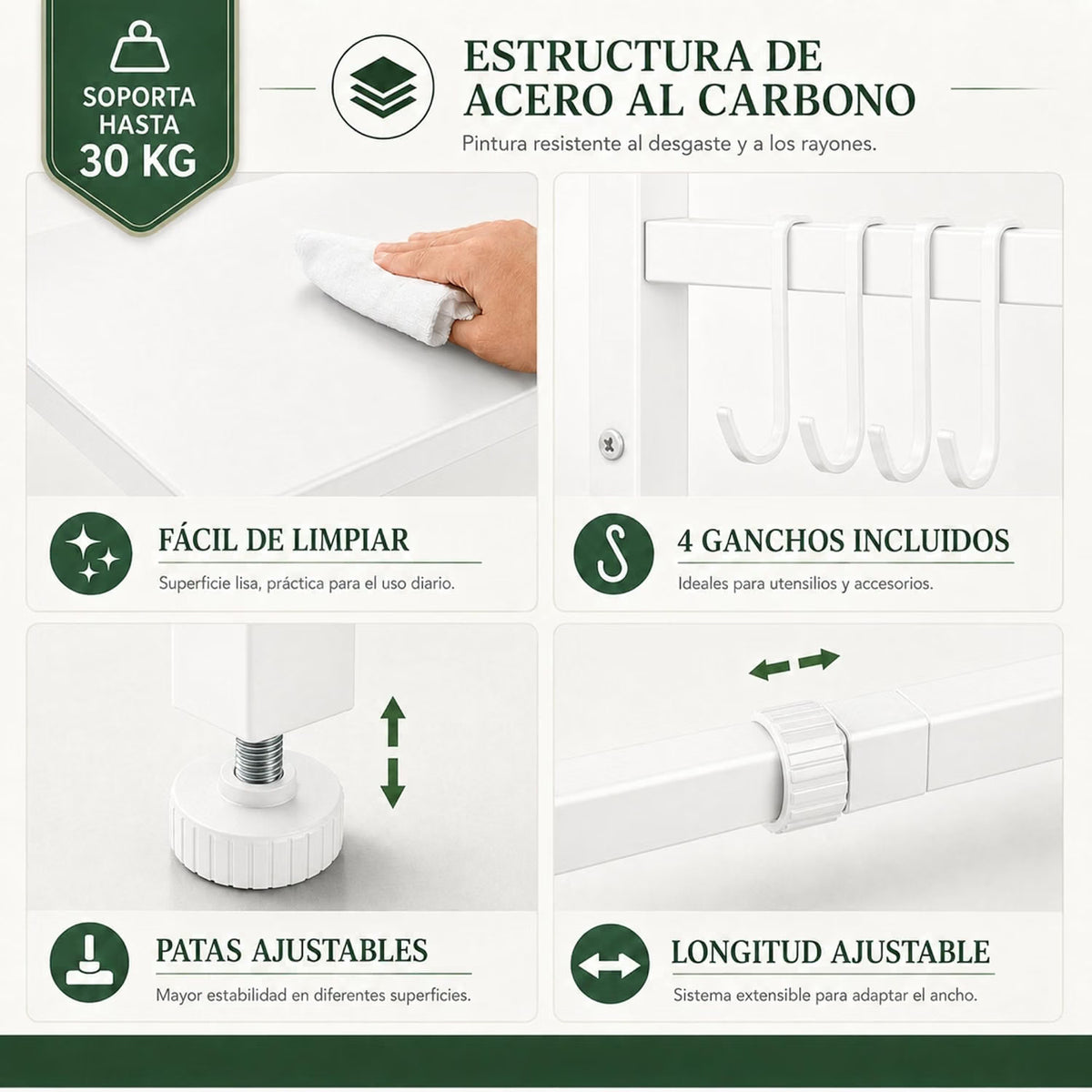 UZIRO Estante Microondas Extensible de 2 Niveles, Ajustable de Acero al Carbono, Capacidad por Niveles hasta 30 kg, Incluye 4 Ganchos, Soporte Microondas Encimera, Estanteria Cocina Encimera