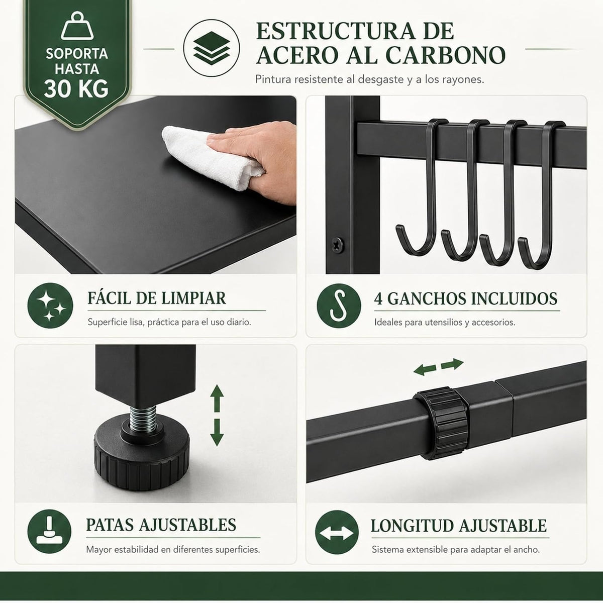 UZIRO Estante para microondas extensible de 2 niveles, 35,7–59,4 cm y 4 ganchos