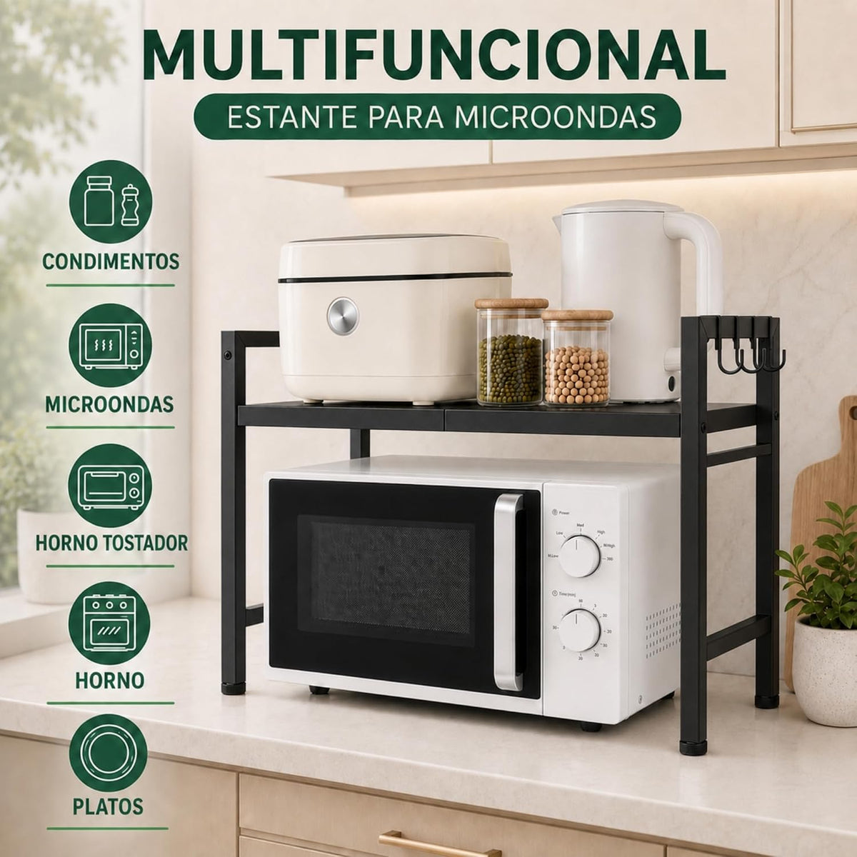 UZIRO Estante para microondas extensible 40–64 cm, acero al carbono y 4 ganchos