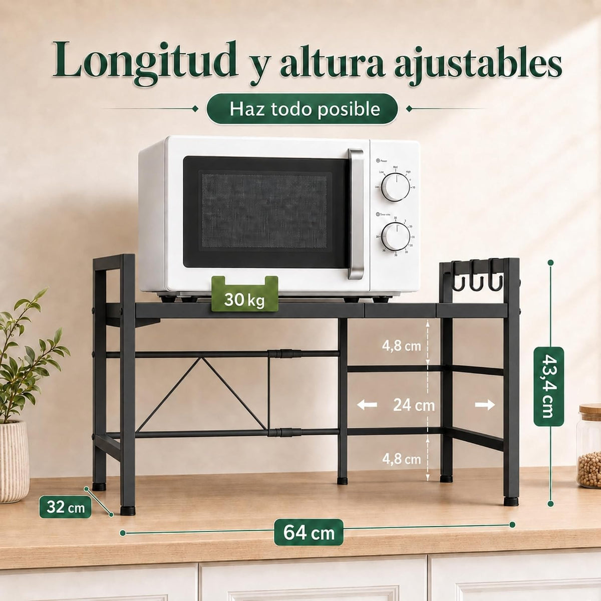 UZIRO Estante Microondas Extensible 40-64 cm, Ajustable de Acero al Carbono, Incluye 4 Ganchos, Patas Ajustables y Soporta hasta 30 kg, Soporte Microondas Encimera, Estanteria Cocina Encimera