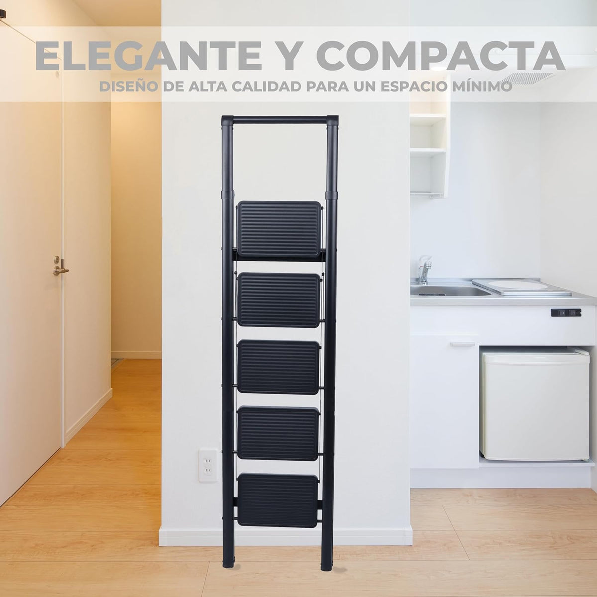 UZIRO Escalera liviana plegable de acero negra, 5 peldaños extra anchos