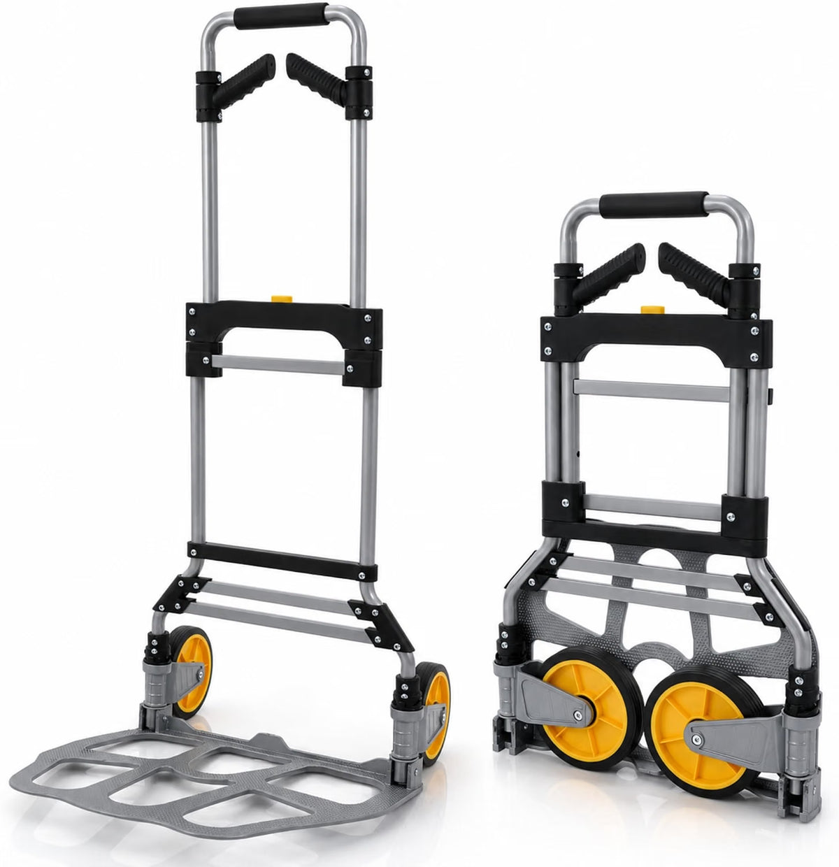 UZIRO Carretilla Plegable con Ruedas de Aluminio, con Mango Telescópico y Soporte Extra, Capacidad de 150 Kg, Plataforma Abatible y 2 Ruedas, Carretilla de Mano Plegable, Carro Transporte Plegable