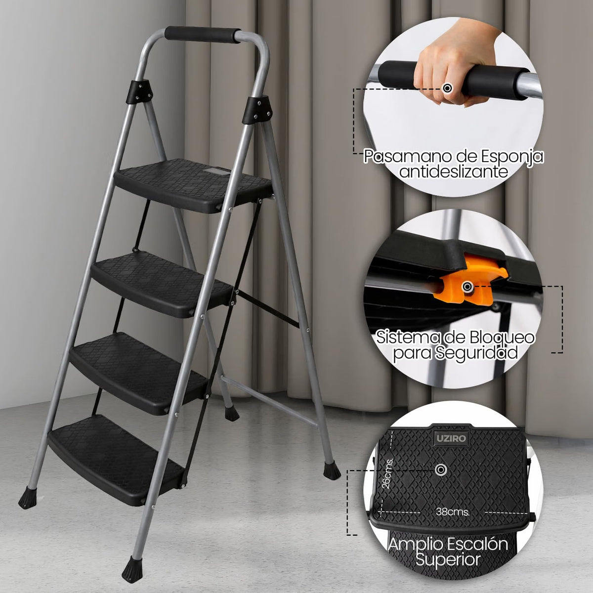 UZIRO Escalera Plegable 4 Peldaños, Estructura de Acero y Aluminio, Antideslizante y Liviana