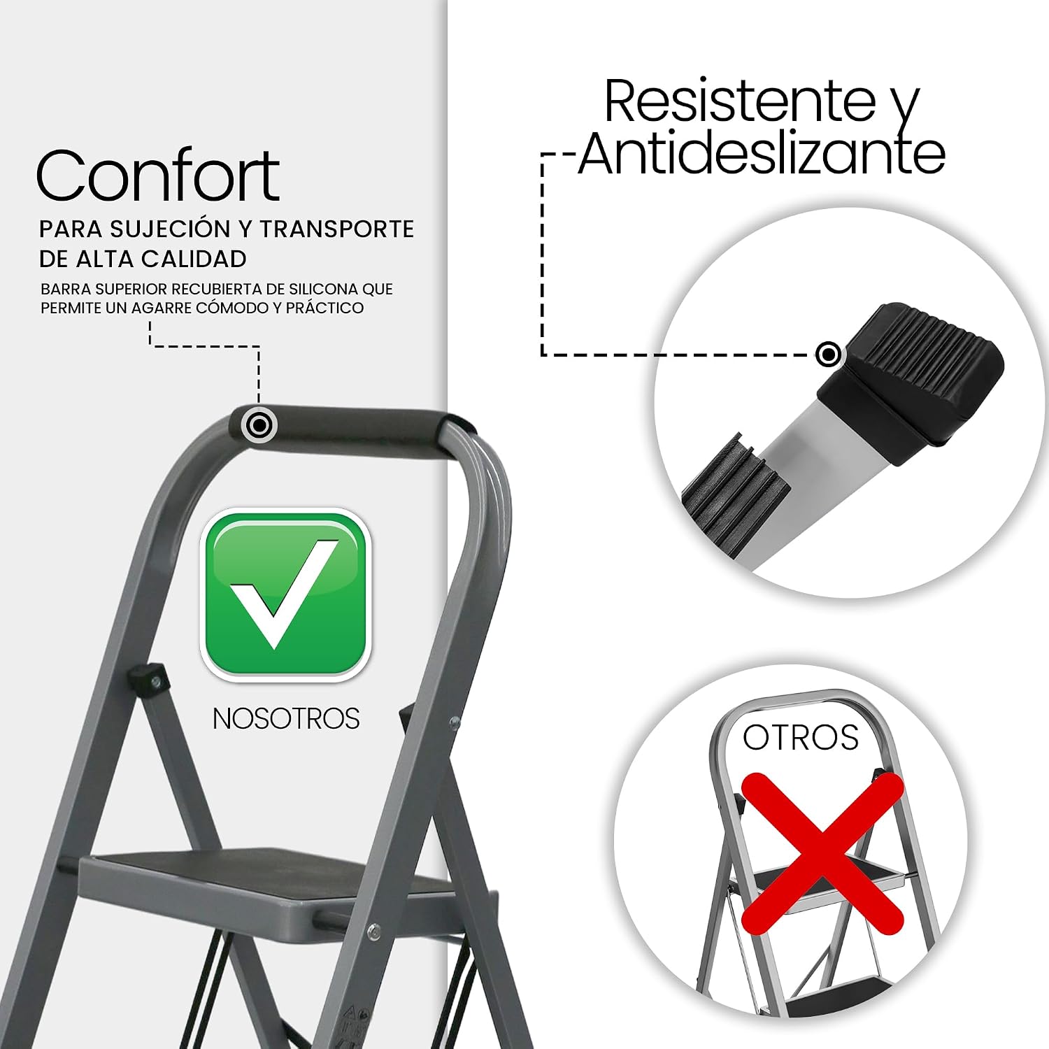 UZIRO Escalera Plegable 3 Peldaños, Estructura de Acero y Peldaño Antideslizante, Asa Superior de Goma , Escaleras Plegables Domésticas, Step Ladder para Hogar (Gris, 3 Peldaños)