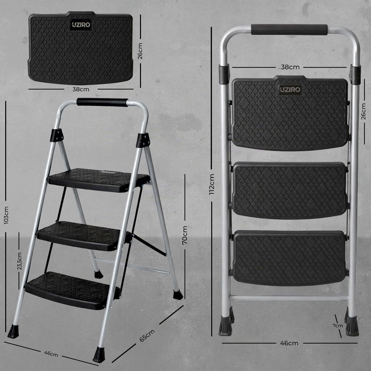 UZIRO Escalera Plegable 3 Peldaños, Estructura de Acero y Aluminio, Color Plateado, Peldaños Antideslizantes, Asa de Goma, para Hogar, Cocina, Oficina y Bricolaje
