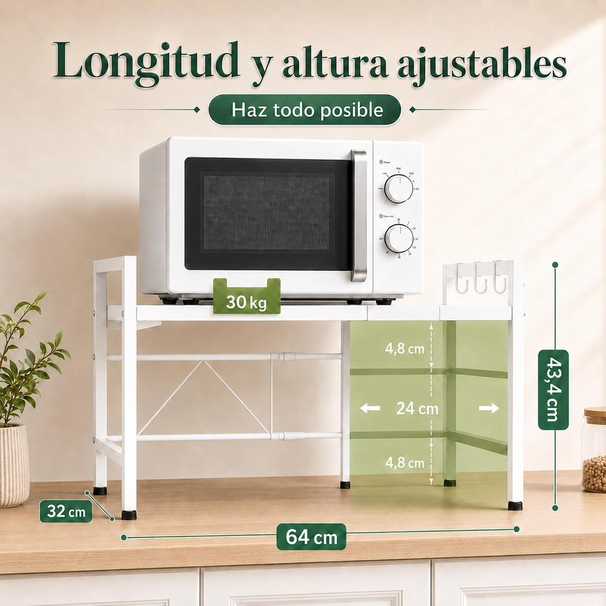 UZIRO Estante para microondas extensible 40–64 cm de acero al carbono, con 4 ganchos