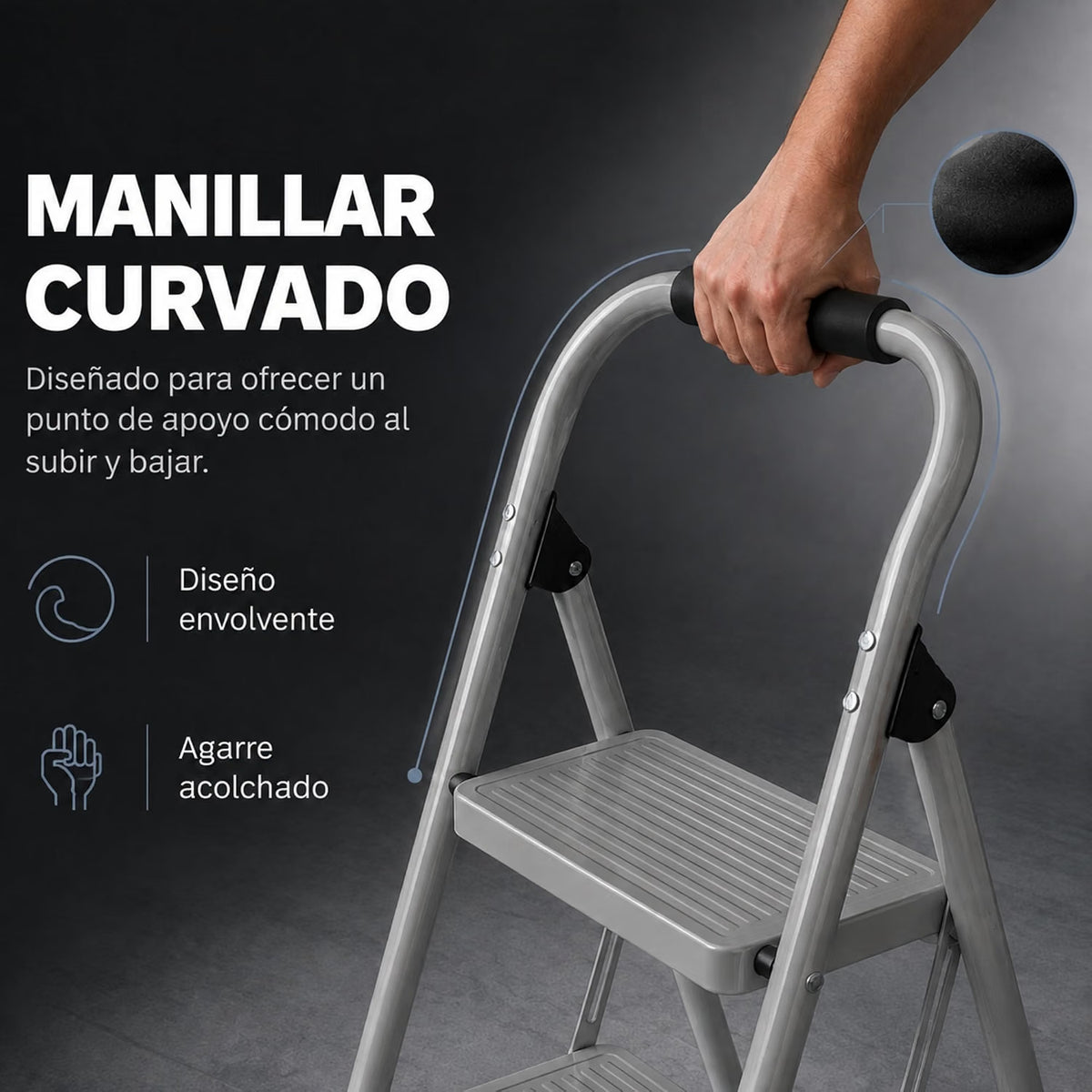 UZIRO Escalera Plegable 2 Peldaños, Escalones y Patas Antideslizantes de Acero al Carbono, con Mango Acolchado y Estructura Reforzada, Escalera Pequeña Plegable, Escalera 2 Peldaños Plegable