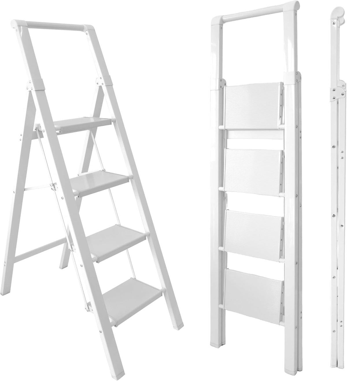UZIRO Escaleras Plegables 4 Peldaños, Escalera de Aluminio 4 Peldaños Anchos, Sistema Antodeslizante, Muy Liviana y Facil de Guadar