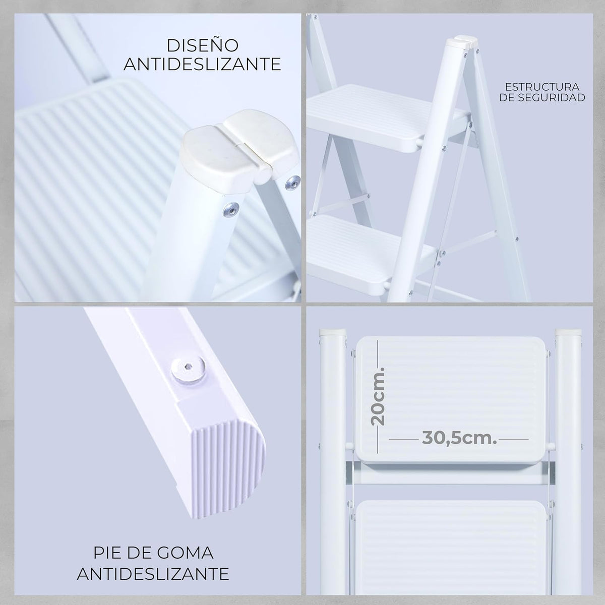 UZIRO Escalera liviana plegable de acero blanca, 3 peldaños anchos decorativa