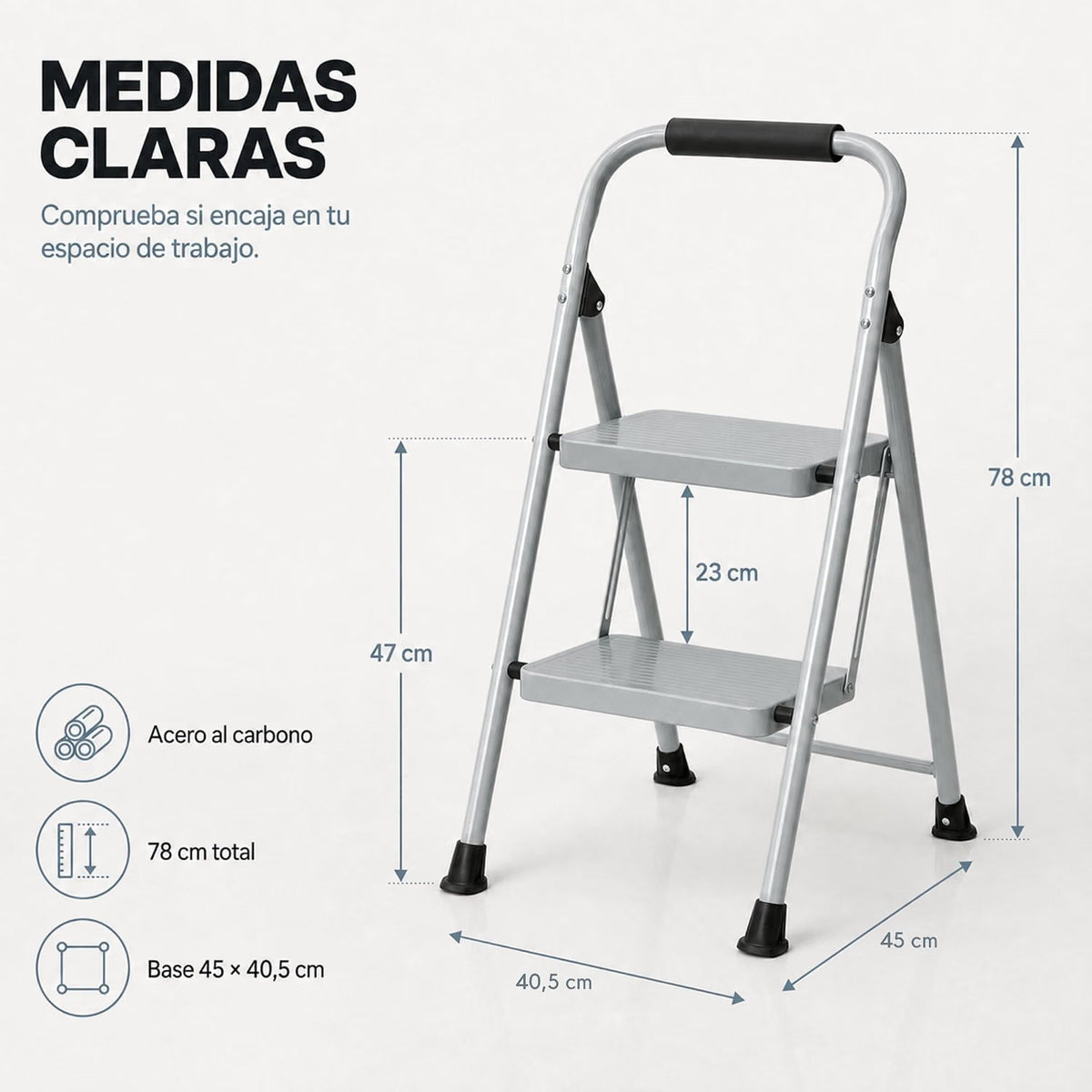 UZIRO Escalera Plegable 2 Peldaños, Escalones y Patas Antideslizantes de Acero al Carbono, con Mango Acolchado y Estructura Reforzada, Escalera Pequeña Plegable, Escalera 2 Peldaños Plegable