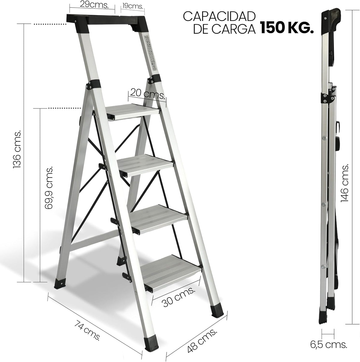 UZIRO Escalera liviana de aluminio, 4 peldaños y portaherramientas integrado de cierre compacto