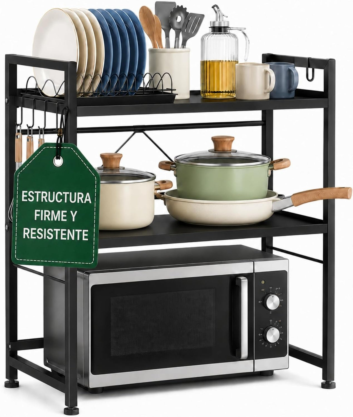 UZIRO Estante Microondas Extensible de 2 Niveles, Ajustable de Acero al Carbono, Capacidad por Niveles hasta 30 kg, Incluye 4 Ganchos, Soporte Microondas Encimera, Estanteria Cocina Encimera