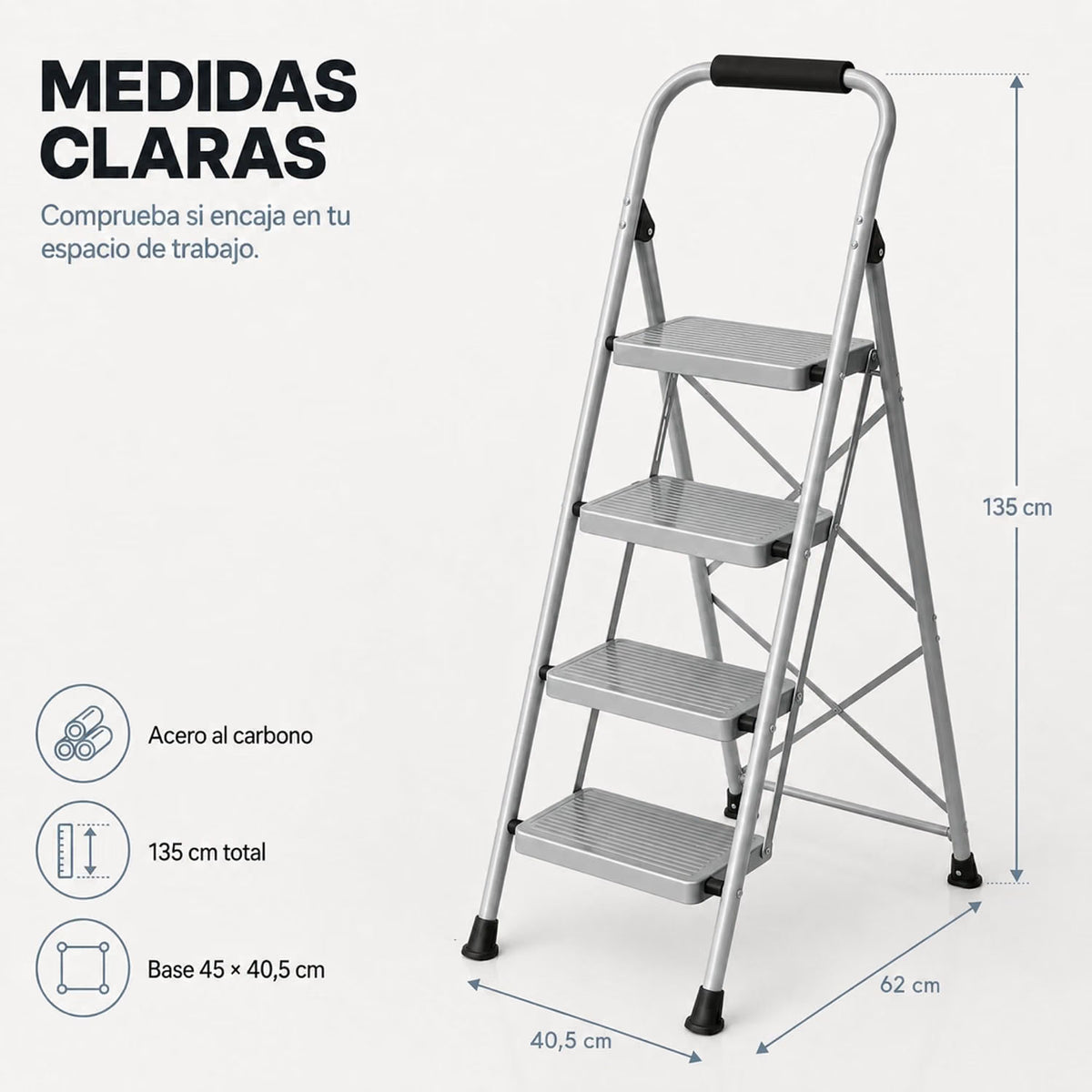 UZIRO Escalera 4 Peldaños Plegable, Escalones y Patas Antideslizantes de Acero al Carbono, con Mango Acolchado y Estructura Reforzada, Escalera Plegable 4 Peldaños, Escaleras Plegables