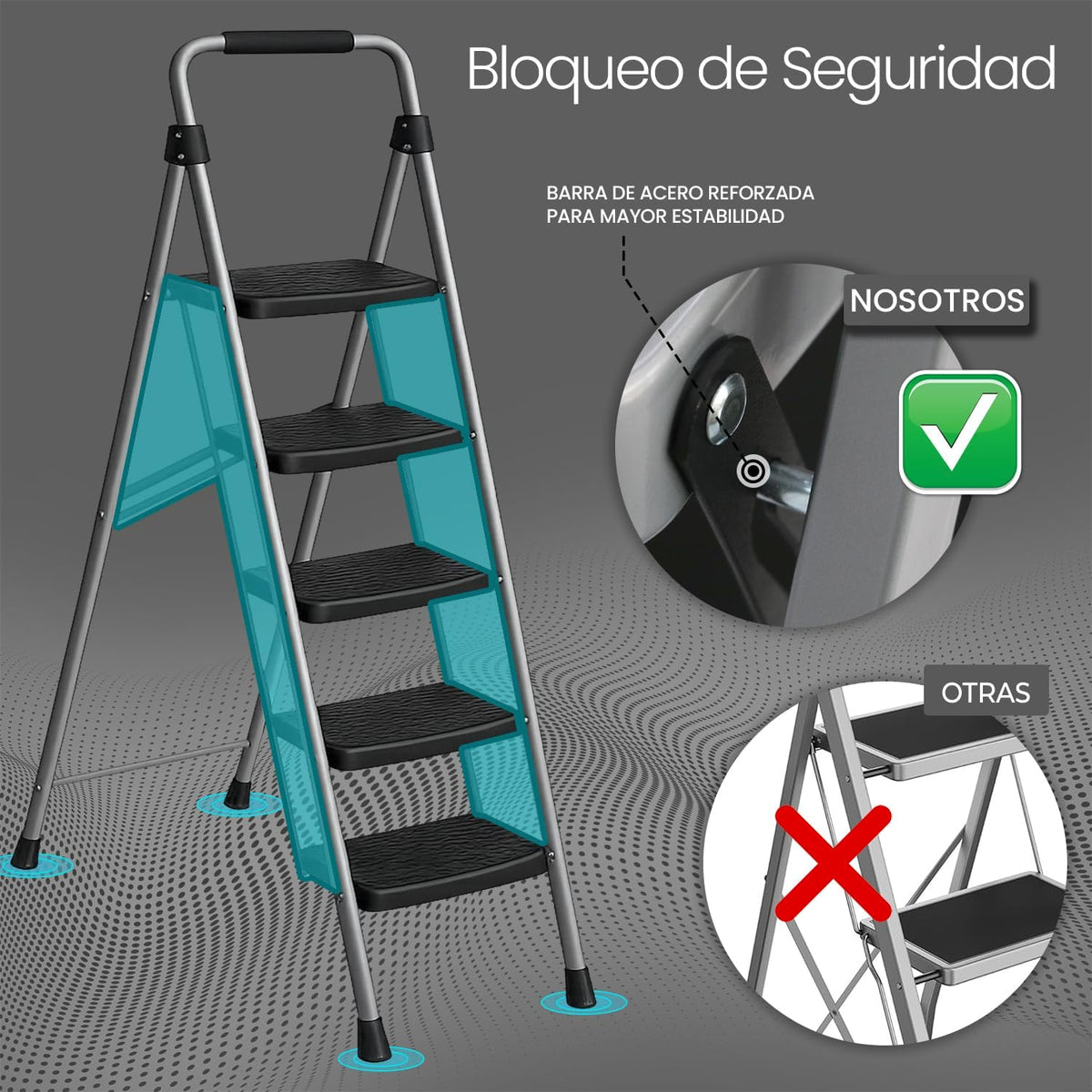 UZIRO Escalera liviana plegable plateada de acero y aluminio, 5 peldaños con asa de goma