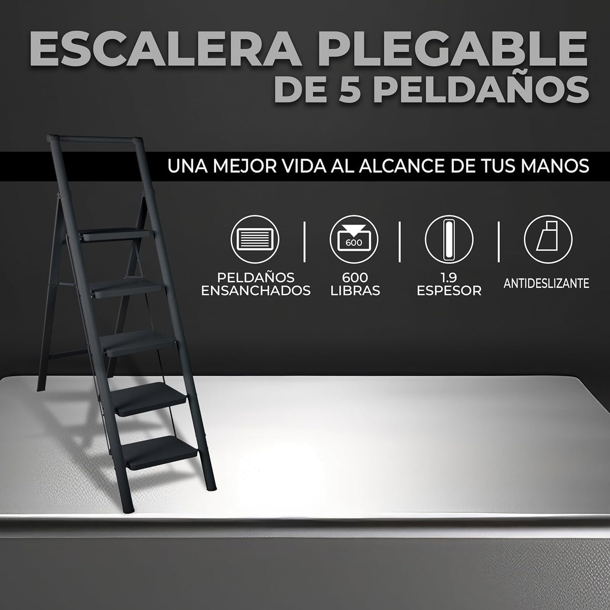 UZIRO Escalera liviana plegable de acero negra, 5 peldaños extra anchos