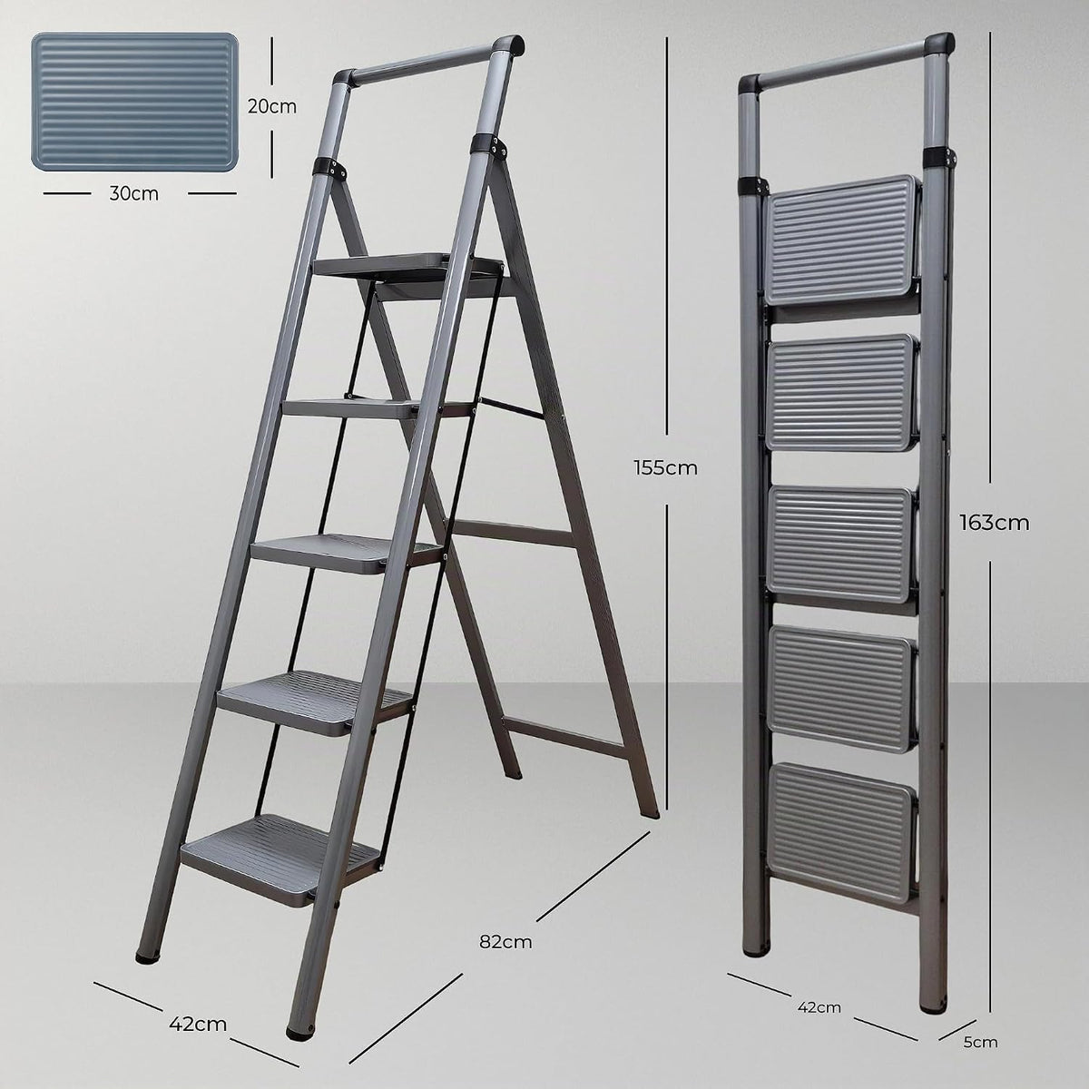 UZIRO Escalera Plegable 5 Peldaños, Liviana y Compacta, Diseño Decorativo, Peldaños Anchos Antideslizantes, Ideal para Uso en Hogar, Cocina y Oficina, Fácil de Guardar (Gris, 5 Peldaños)