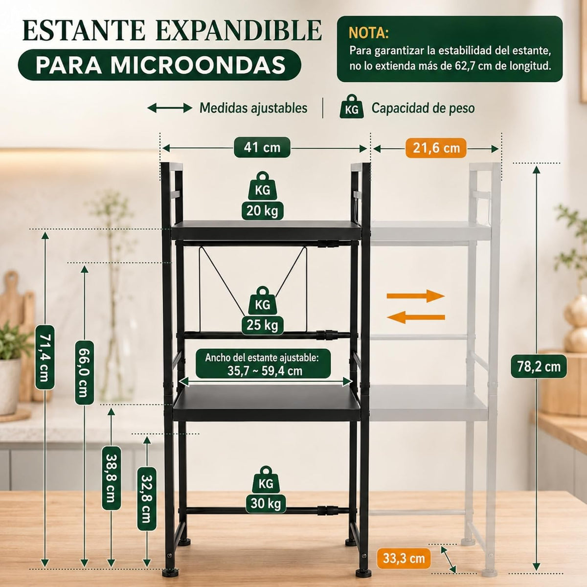 UZIRO Estante para microondas extensible de 2 niveles, 35,7–59,4 cm y 4 ganchos