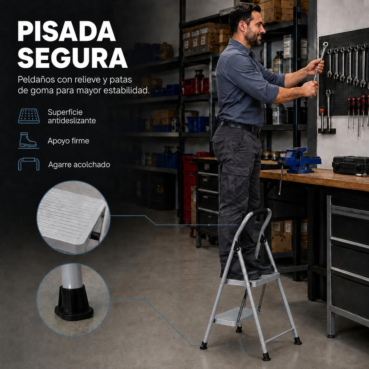 UZIRO Escalera Plegable 2 Peldaños, Escalones y Patas Antideslizantes de Acero al Carbono, con Mango Acolchado y Estructura Reforzada, Escalera Pequeña Plegable, Escalera 2 Peldaños Plegable