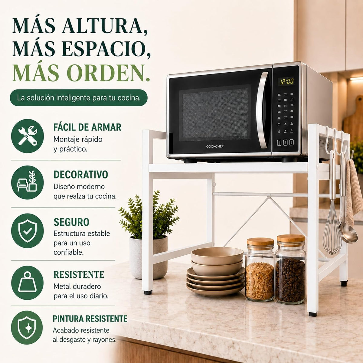 UZIRO Estante Microondas Extensible 40-64 cm, Ajustable de Acero al Carbono, Incluye 4 Ganchos, Patas Ajustables y Soporta hasta 30 kg, Soporte Microondas Encimera, Estanteria Cocina Encimera