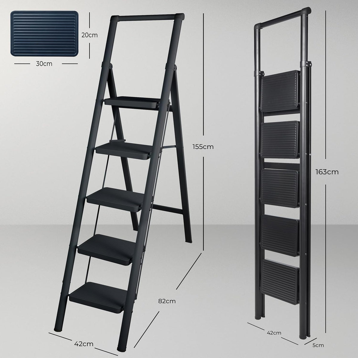 UZIRO Escalera liviana plegable de acero negra, 5 peldaños extra anchos