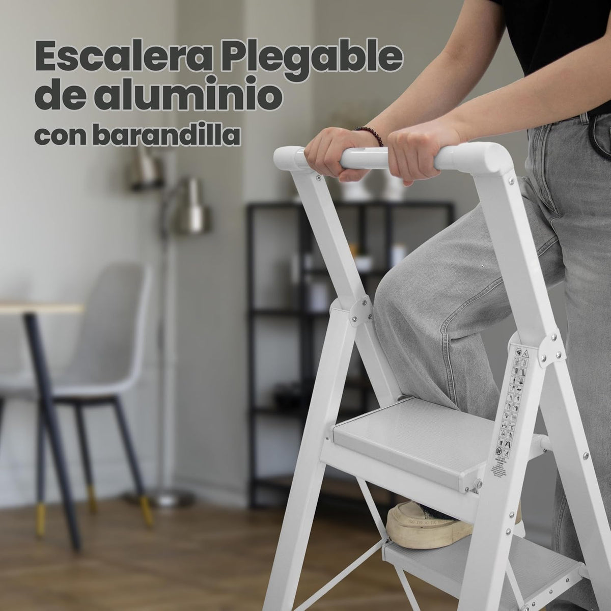 UZIRO Escalera plegable de aluminio 4 peldaños amplios antideslizantes, ligera y compacta