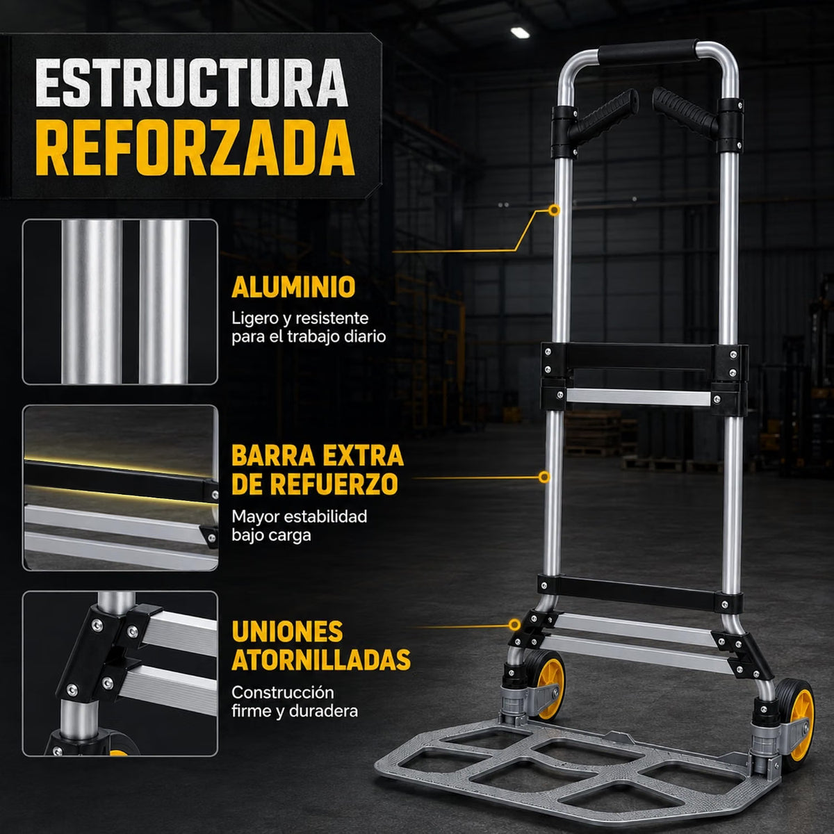 UZIRO Carretilla Plegable con Ruedas de Aluminio, con Mango Telescópico y Soporte Extra, Capacidad de 150 Kg, Plataforma Abatible y 2 Ruedas, Carretilla de Mano Plegable, Carro Transporte Plegable