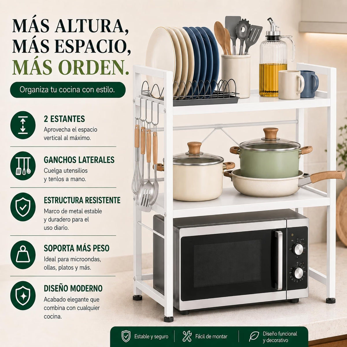 UZIRO Estante Microondas Extensible de 2 Niveles, Ajustable de Acero al Carbono, Capacidad por Niveles hasta 30 kg, Incluye 4 Ganchos, Soporte Microondas Encimera, Estanteria Cocina Encimera