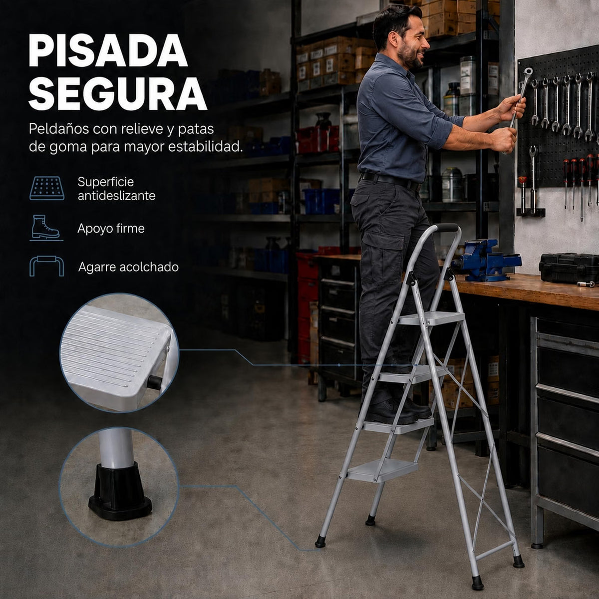 UZIRO Escalera 4 Peldaños Plegable, Escalones y Patas Antideslizantes de Acero al Carbono, con Mango Acolchado y Estructura Reforzada, Escalera Plegable 4 Peldaños, Escaleras Plegables