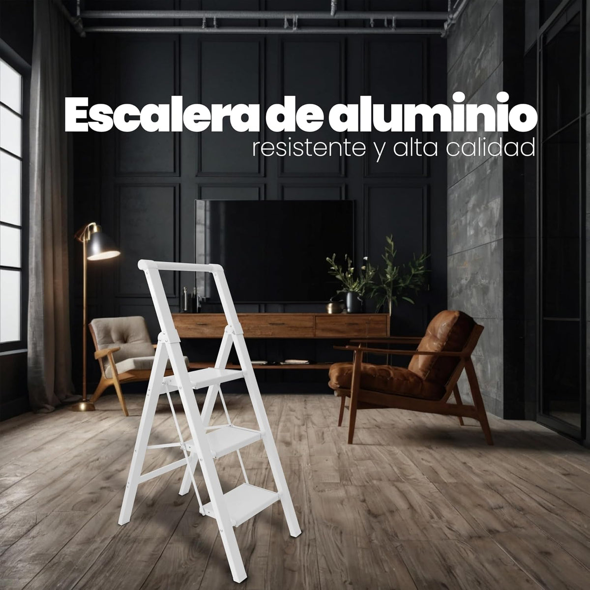UZIRO Escalera plegable de aluminio 3 peldaños amplios antideslizantes, ligera y compacta