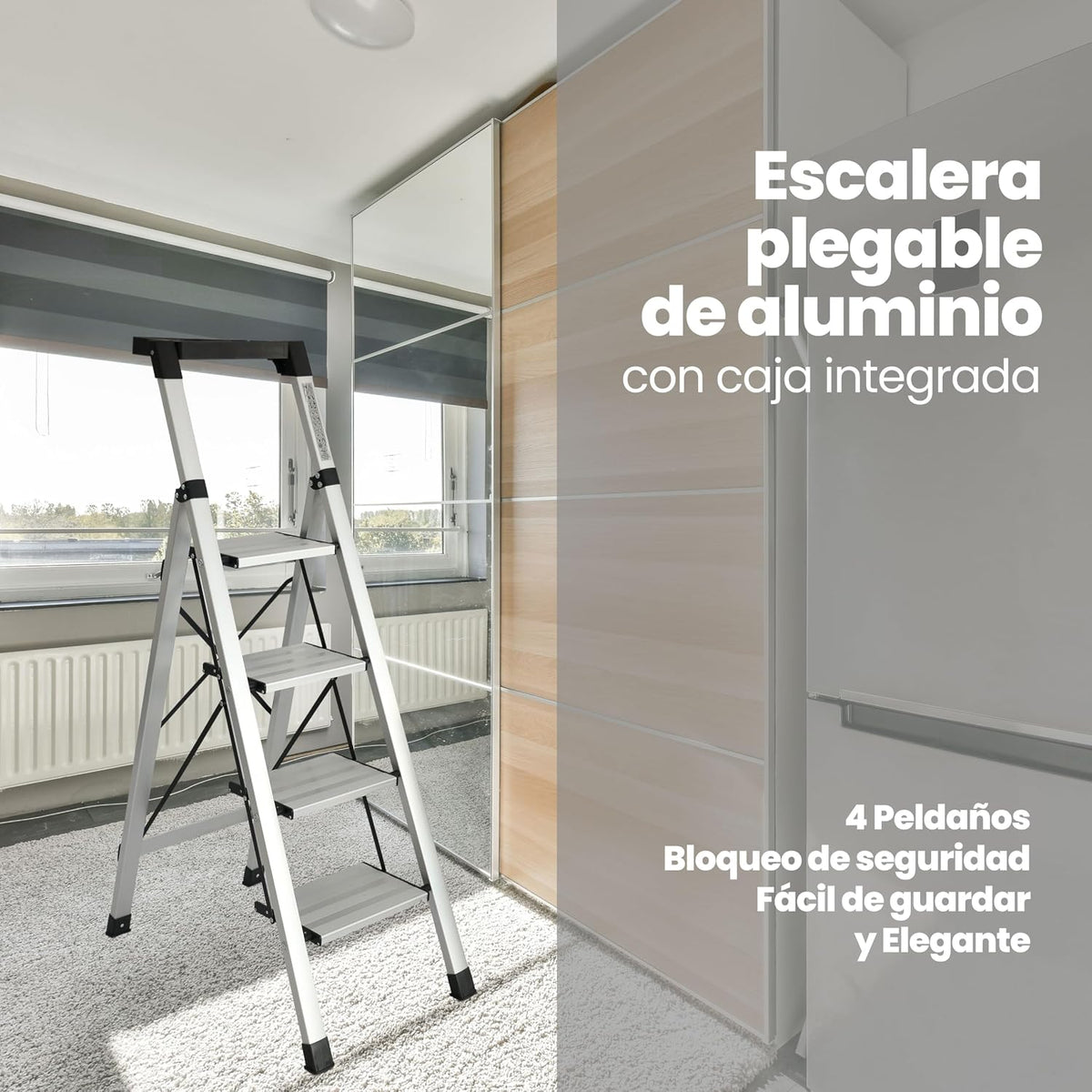 UZIRO Escalera liviana de aluminio, 4 peldaños y portaherramientas integrado de cierre compacto