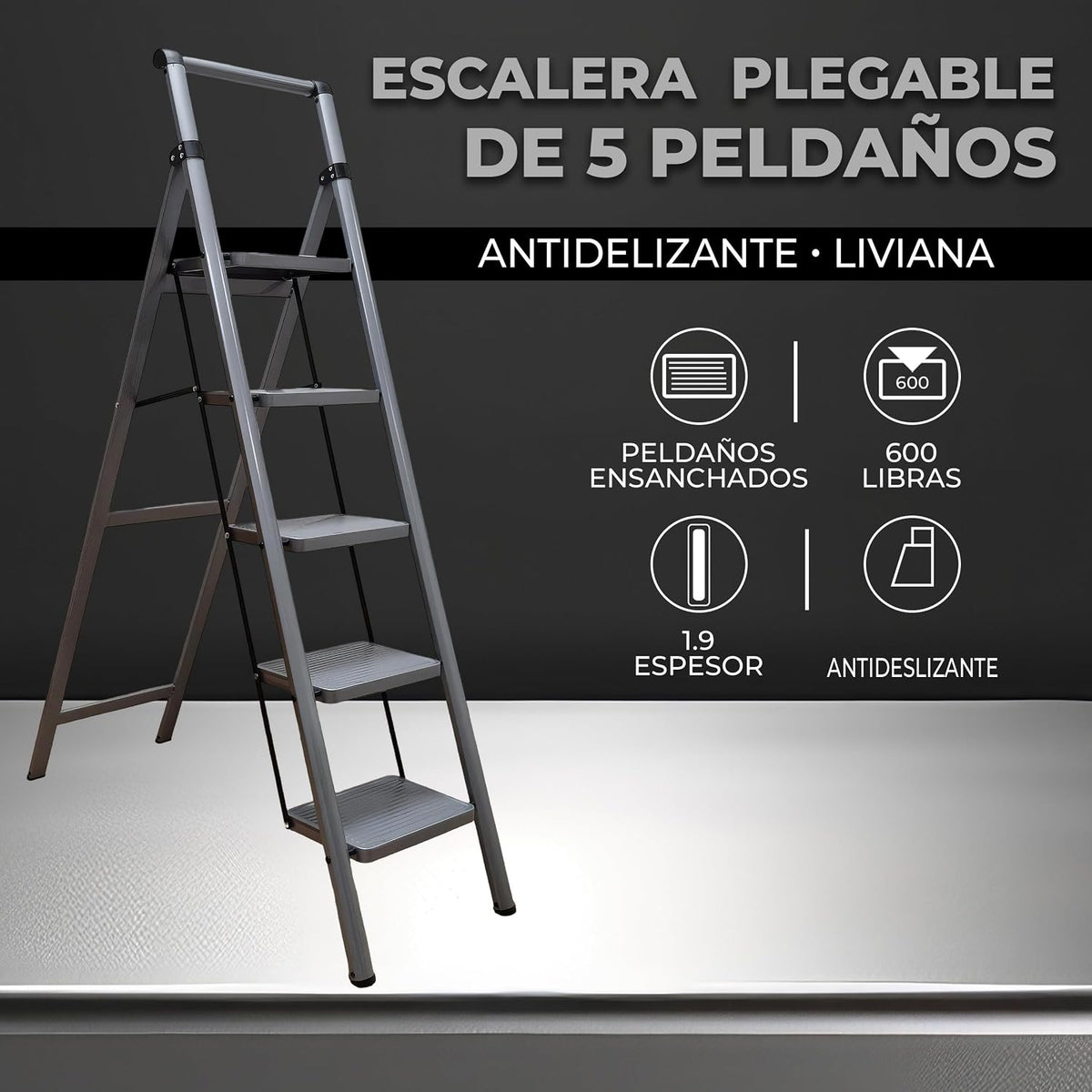 UZIRO Escalera liviana plegable de acero gris, 5 peldaños de polietileno