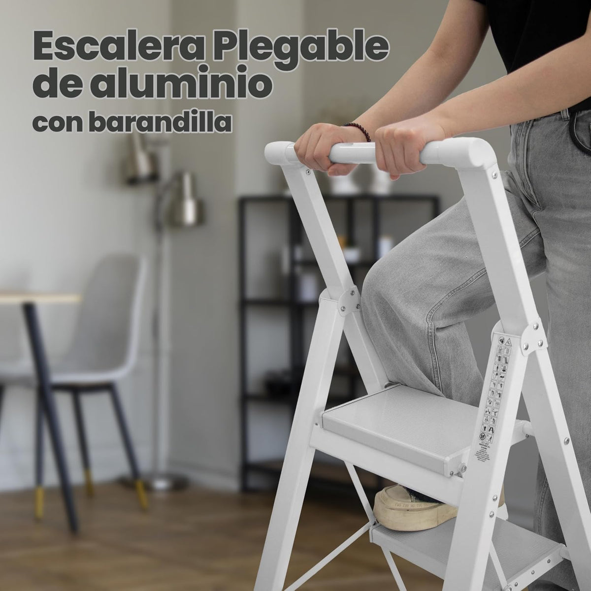 UZIRO Escalera plegable de aluminio 3 peldaños amplios antideslizantes, ligera y compacta