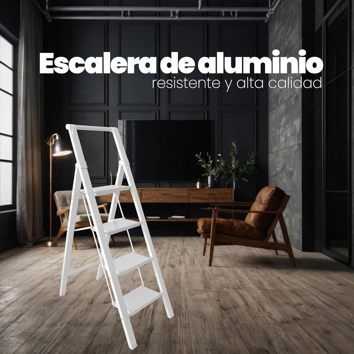 UZIRO Escalera plegable de aluminio 4 peldaños amplios antideslizantes, ligera y compacta