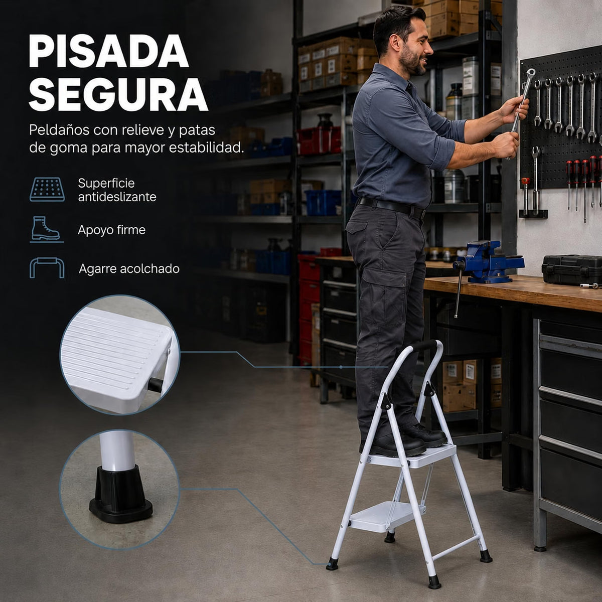 UZIRO Escalera Plegable 2 Peldaños, Escalones y Patas Antideslizantes de Acero al Carbono, Mango Acolchado y Estructura Reforzada, Escalera Pequeña Plegable, Escalera 2 Peldaños Plegable