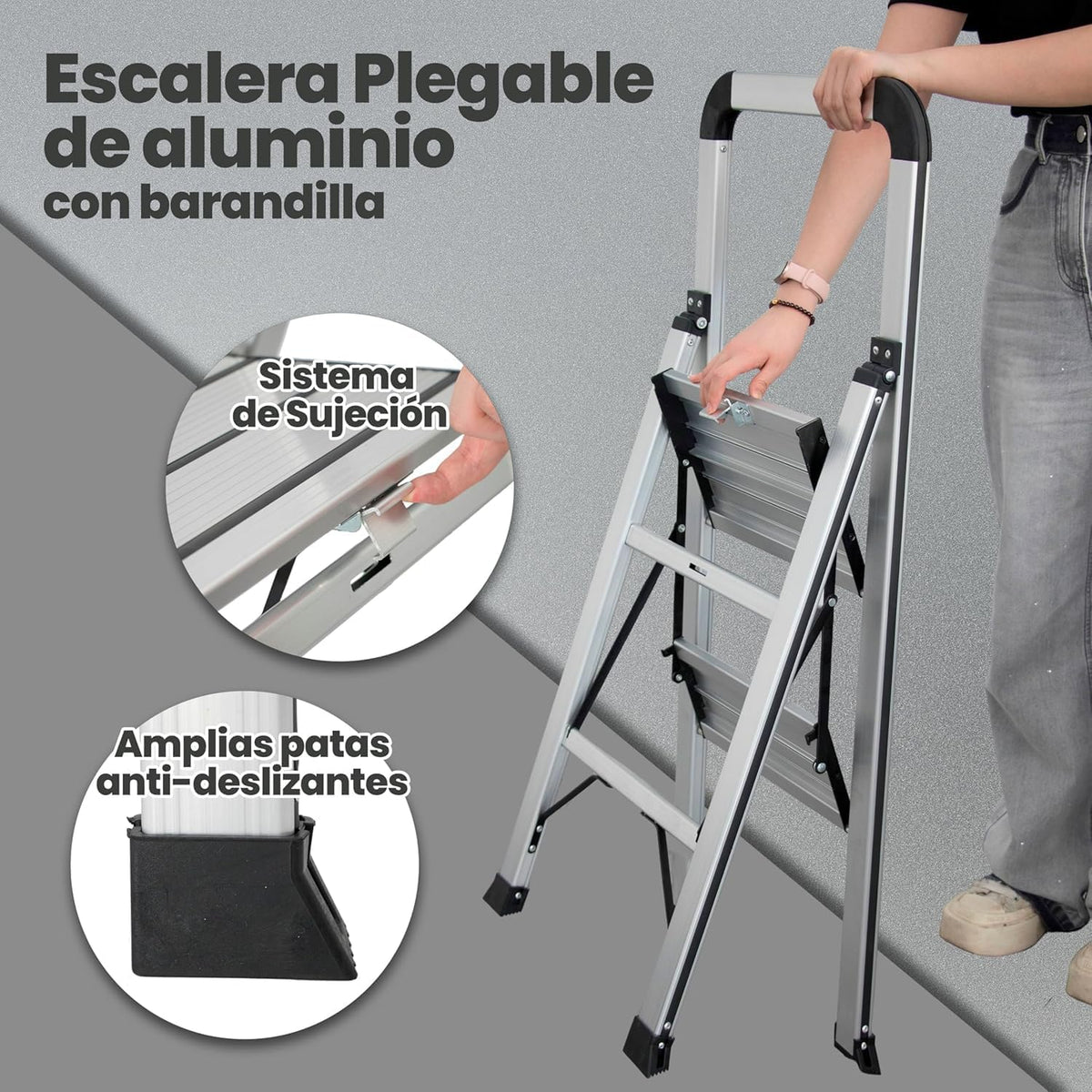 UZIRO Escalera plegable de aluminio 2 peldaños, antideslizante, con mecanismo antiplegado
