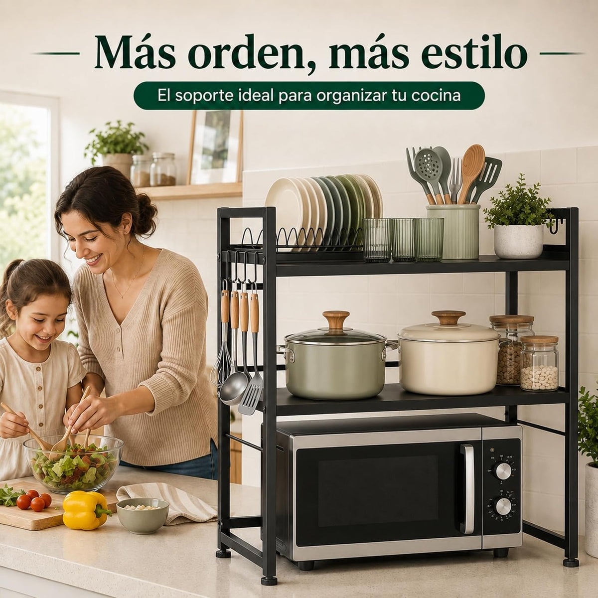 UZIRO Estante para microondas extensible de 2 niveles, 35,7–59,4 cm y 4 ganchos
