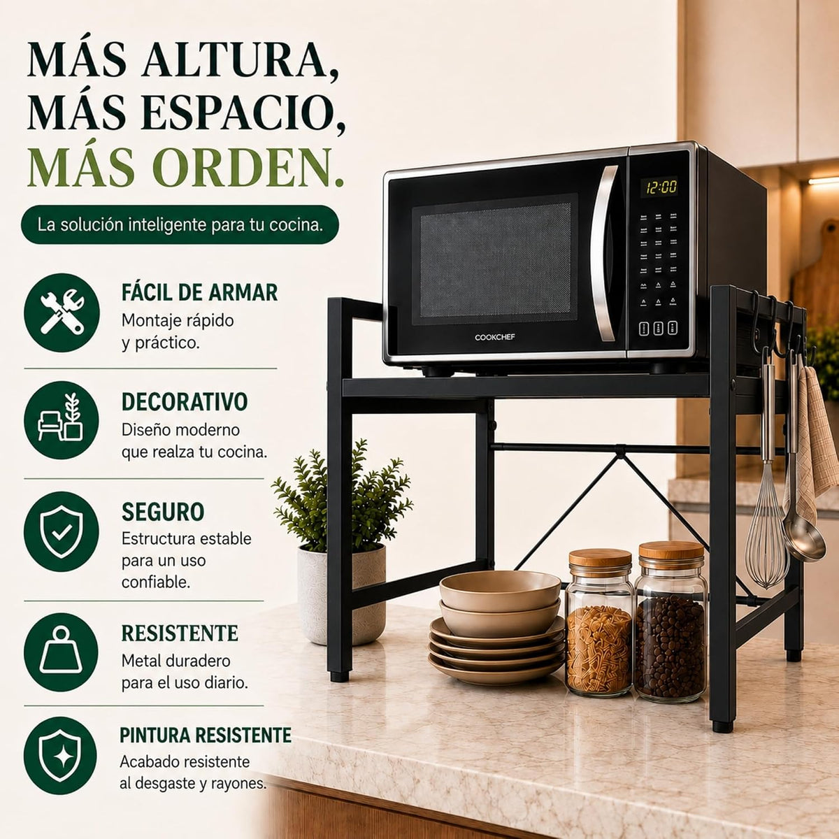 UZIRO Estante para microondas extensible 40–64 cm, acero al carbono y 4 ganchos