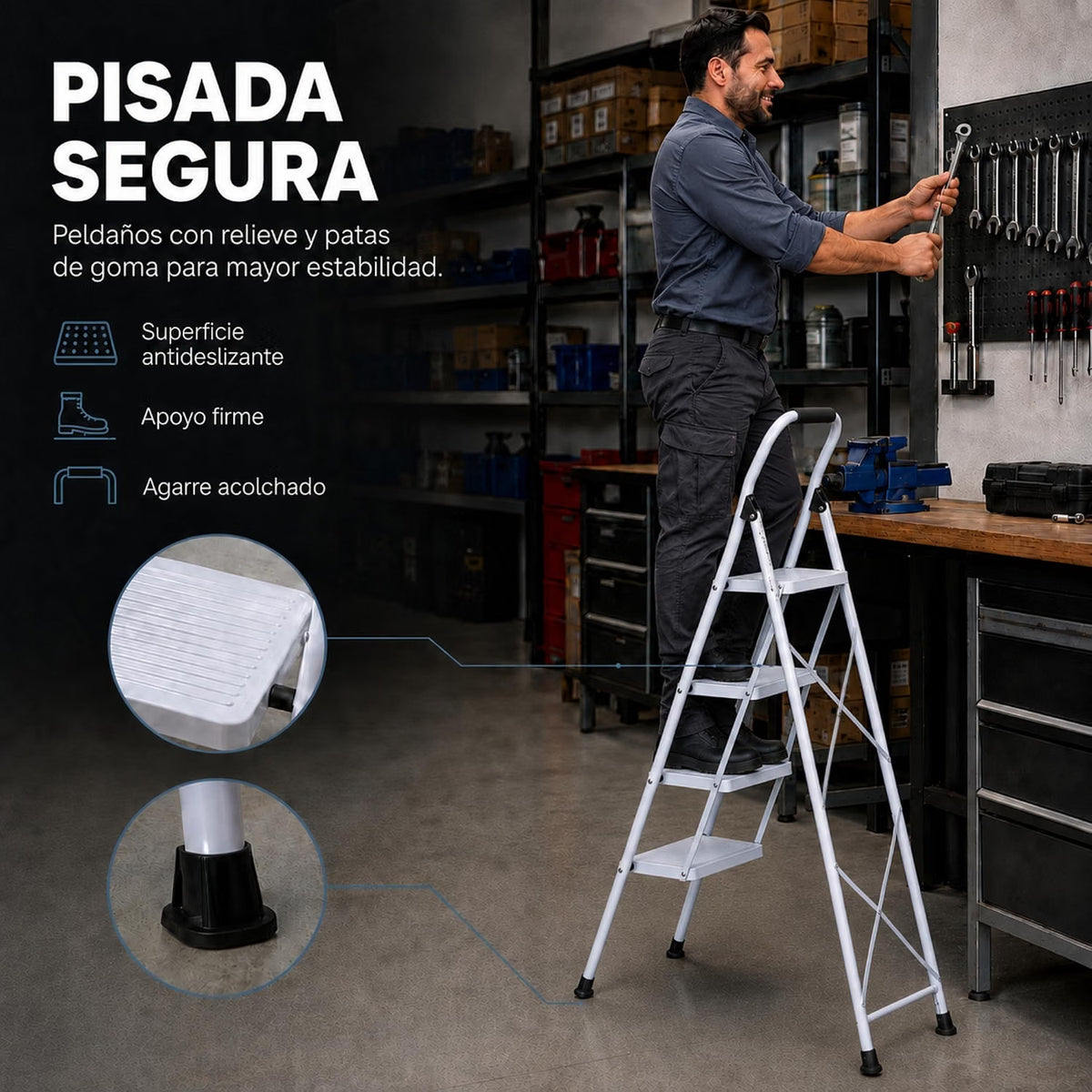 UZIRO Escalera 4 Peldaños Plegable, Escalones y Patas Antideslizantes de Acero al Carbono, Mango Acolchado y Estructura Reforzada, Escalera Plegable 4 Peldaños, Escaleras Plegables