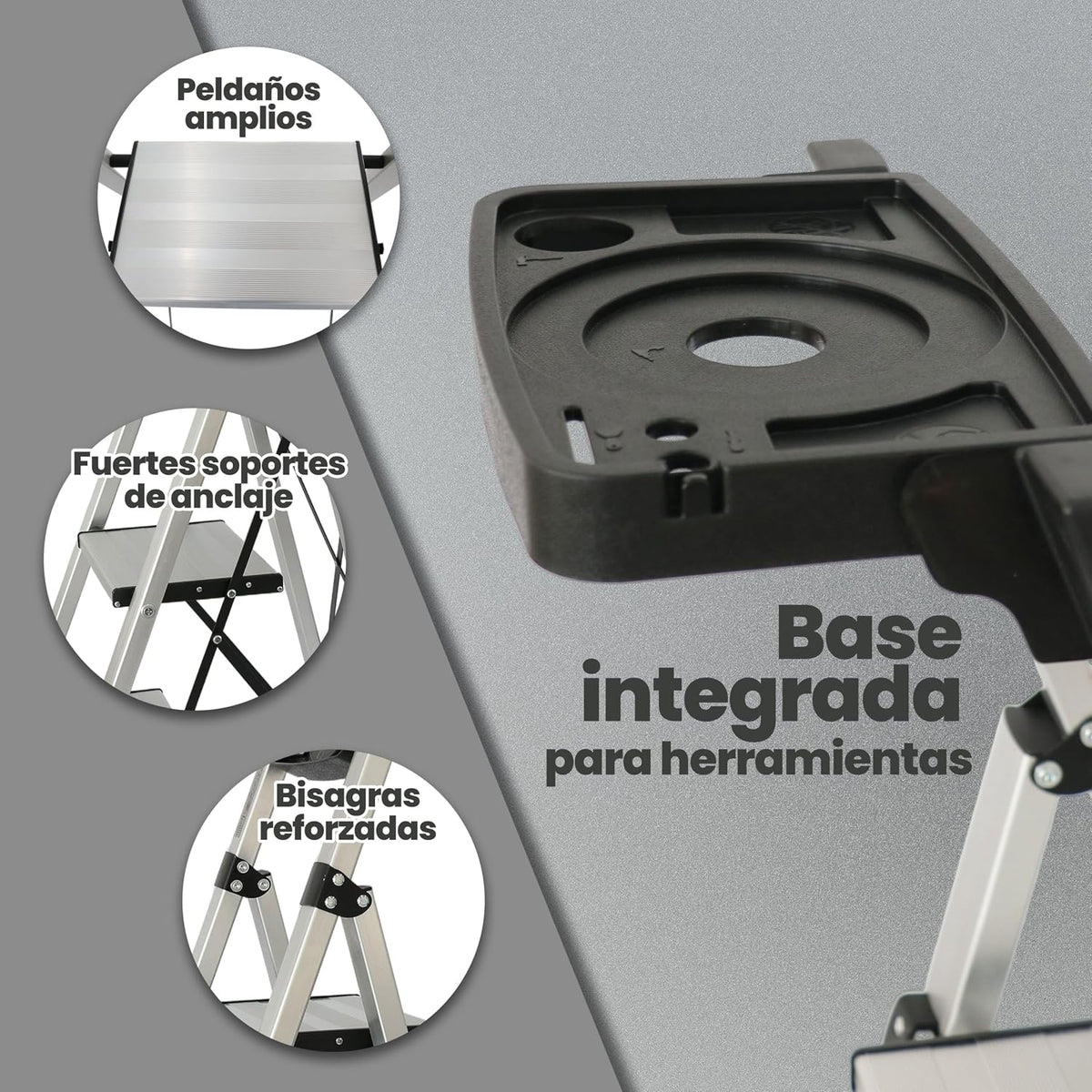 UZIRO Escalera liviana de aluminio, 4 peldaños y portaherramientas integrado de cierre compacto