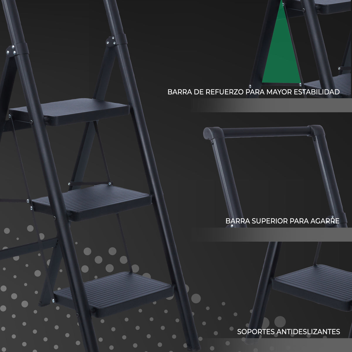 UZIRO Escalera plegable de acero negra, 4 peldaños anchos antideslizantes