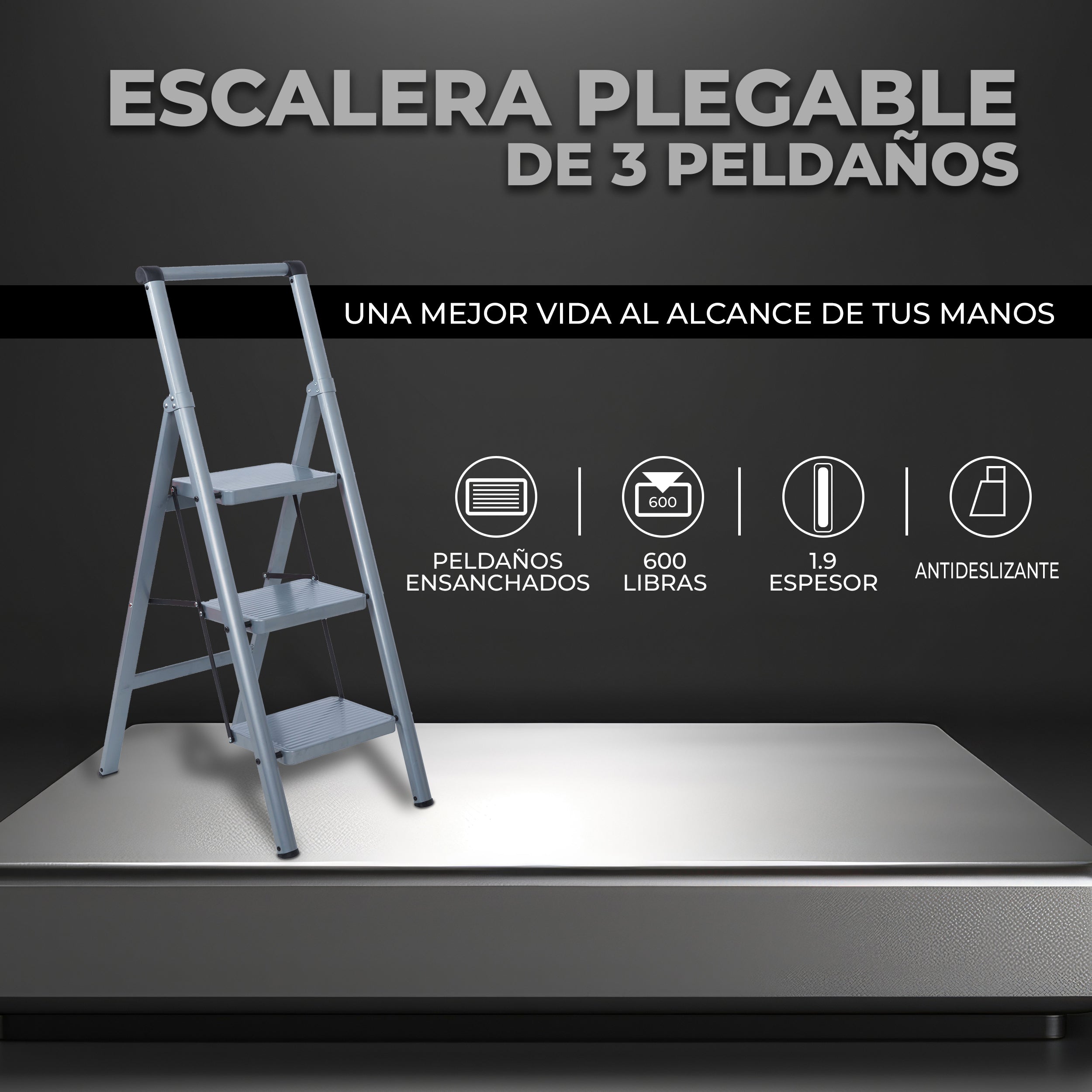 Escalera  Plegable 3 Peldaños  Gris