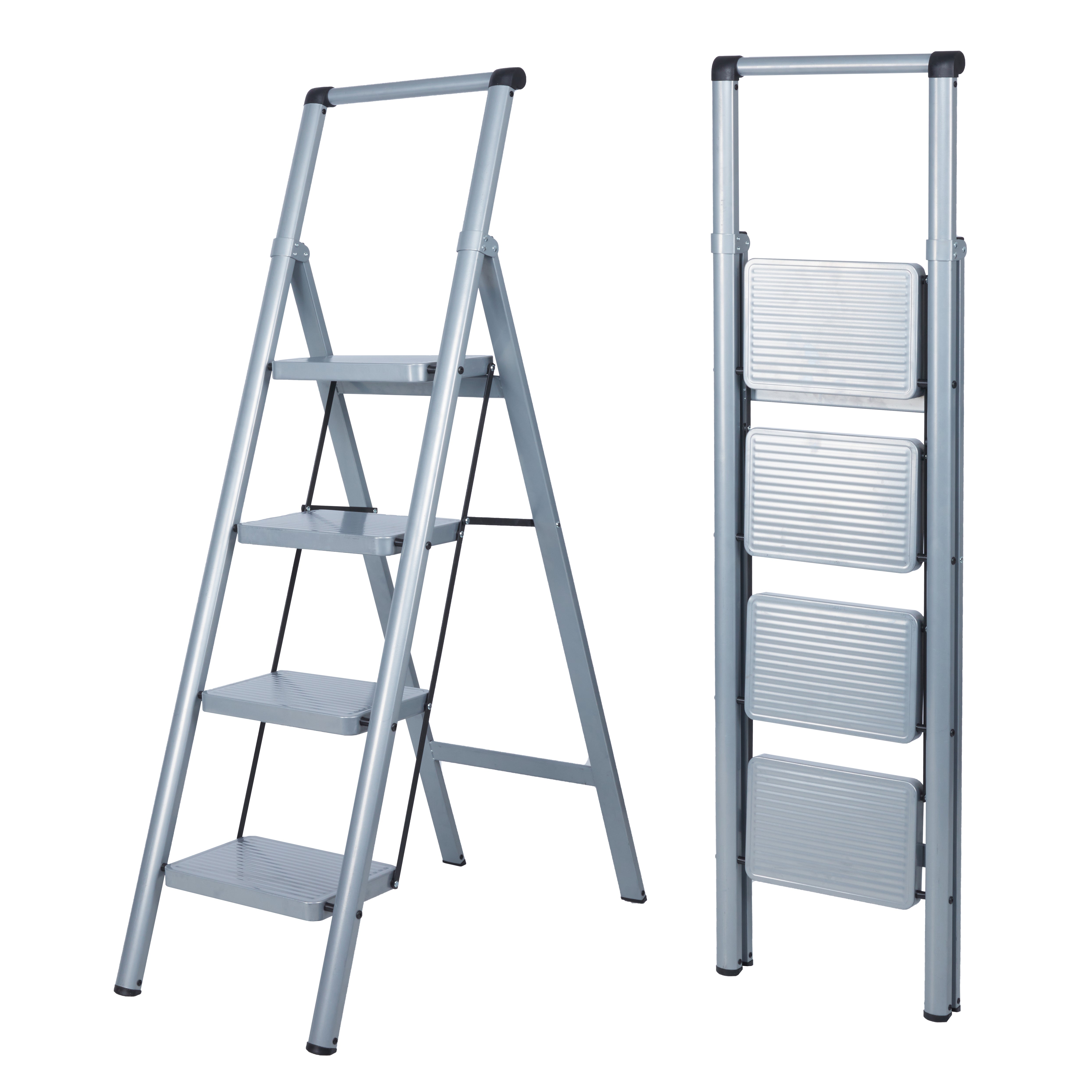Escalera 4 Peldaños Anchos,Color Plata