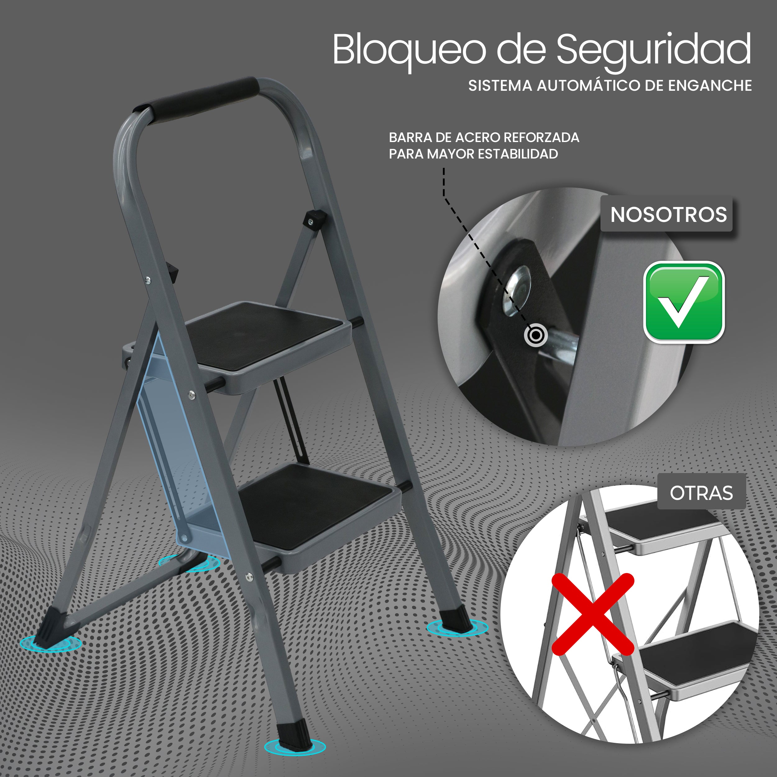 Escalera 2 Peldaños Plegable Alumini0-Acero color Gris Plata